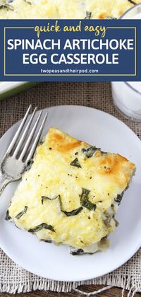 A simple one-pan meal you can enjoy any time of the day! Spinach Artichoke Egg Casserole is so easy to make. Loaded with spinach, artichokes, and cheese, this simple egg bake is perfect for a quick and healthy breakfast, brunch, or dinner! Pin this for later!