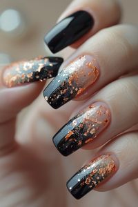 Add a touch of luxury to your manicure with black nails adorned with shimmering rose gold foil flakes, exuding opulence and sophistication. The delicate flakes catch the light with every movement, creating a dazzling effect that’s sure to make you feel like royalty. Click for more!