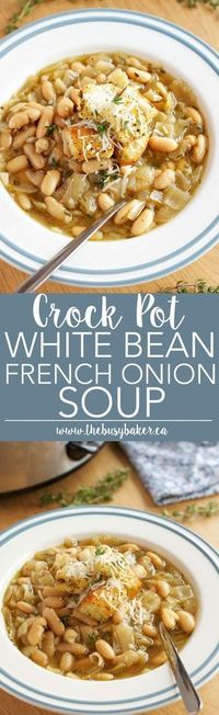 This Crock Pot White Bean French Onion Soup is a super easy twist on French Onion Soup that's vegetarian and made in the slow cooker! Recipe from thebusybaker.ca!