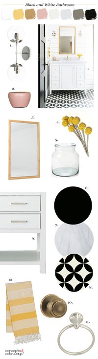 black and white bathroom, black and white tile, black door, pink and yellow, white marble, white shiplap, yellow flowers, white vanity cabinet, glass globe wall sconce, blush pink, bamboo mirror, yellow striped towels, towel ring, ochre, black and white, bright yellow, pantone harbor mist