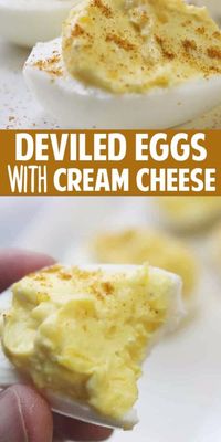 Deviled Eggs with Cream Cheese is a delicious twist to your deviled egg recipe. Creamy, velvety smooth filling that will be the perfect potluck recipe or appetizer to serve up. #deviledeggs #easy #cold #appetizer #potluck #creamcheese