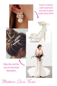 This chic and edgy wedding day look is all about your personal style! Keep the look modern with statement earrings and strappy heels. Opt for a chic updo with glitzy barrettes in lieu of a traditional veil.