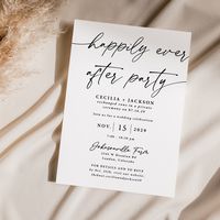 Happily ever after party invitation that is printed for you on thick card stock and includes envelopes. These printed invitations are perfect for your elopement after party wedding reception. This modern, simple, minimalist design in black and white is going to be loved by your guests! You can add envelope addressing to your reception invitation here: https://www.etsy.com/listing/1352120913 Invitation Card Size: 5x7 inches Envelopes for Invites: white, square flap Paper: thick, matte white, 130 lbs. Card Backs: white Wording: Please put the wording you would like in the box, during checkout, and we'll email you a proof. Proof: Emailed within 24 hours of your purchase. Unlimited free edits to the proof with your personal invitation designer. Sent to printer after your proof approval. Shippi