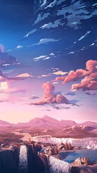 Blue and pink ombre gradient sky. Digital landscape painting of sunset/sunrise.