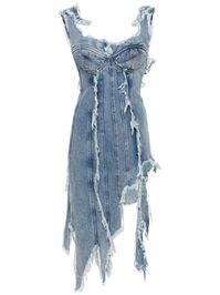 light blue cotton denim vertical seamed distressed effect frayed edge bustier-style neckline rear zip fastening sleeveless slim cut asymmetric hem thigh-length