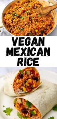 This quick & easy vegan Mexican rice is a 1-pot recipe. Loaded with beans, corn, veggies & salsa, it can be served as a rice bowl or burrito.