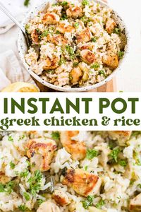 This instant pot Greek chicken is covered in olive oil and herb marinade and cooked in 10 minutes with the rice for a one pot meal. This recipe is an easy dinner and great for meal prep Greek chicken bowls. It's gluten free and dairy free too!