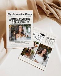 🎓 Extra Extra - The Graduation Times Newspaper Announcement Invitation Template 🎓 TRY BEFORE BUY: https://templett.com/design/demo/ohlillydesigns/24289413 Celebrate your academic milestone in style with our exclusive Graduation Newspaper Announcement Invitation Template! Make a statement as you step into the next chapter of your life. Perfectly designed for the Class of 2024, this template is not just an invitation - it's a keepsake! 📏 Size: 5x7 inches 🖨️ Print or Share: Whether you prefer the classic print option or the modern convenience of text or email, this template is versatile and ready for your personal touch. 🎓 Welcome Class 2024: Commemorate your graduation with a warm welcome to the Class of 2024! This template is an ideal choice to spread the exciting news. ✏️ Editable on