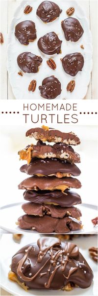 Homemade Turtles - Fast, easy, no-bake and just 4 ingredients! Chewy, gooey, salty-and-sweet! Homemade always tastes better! Yum!!