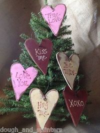 Set of 6 Primitive Wood Valentine Conversation Heart Ornaments