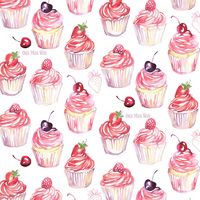 Cupcakes decorated with fruit and buttercream icing.   Watercolour and coloured pencil. Packaging, Editorial, advertising, design, cookery books.  Ohn Mar Win Illustration