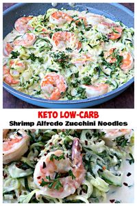 Keto Low-Carb Creamy Garlic Shrimp Alfredo Zucchini Noodles (Zoodles) is a quick and easy recipe that is perfect for the keto diet and ketosis lifestyles. The shrimp is served grilled or pan seared with parmesan cheese and rich alfredo cream sauce. #Keto #KetoRecipes #LowCarb #Shrimp #LowCarbRecipes