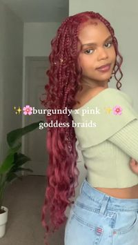 @morgaaanpaige ig burgundy & pink braids, burgundy goddess braids, burgundy and pink hair color combo, large goddess braids, boho braids, hair inspo, red braids, pink peekaboo braids, braiding video