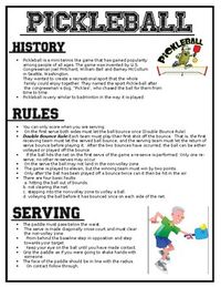 Students will learn the history, rules, what you can and cannot do, scoring system, skill development and content specific vocabulary, followed by questions to check for comprehension. This is a great worksheet to supplement your pickleball unit.