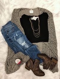 Light layers are the easiest to add to any day. #layers #denim #booties Just For You Cardigan $36