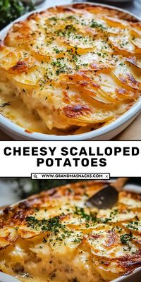 Layers of tender potatoes smothered in a rich, creamy cheese sauce. These cheesy scalloped potatoes are the perfect side dish for any meal!