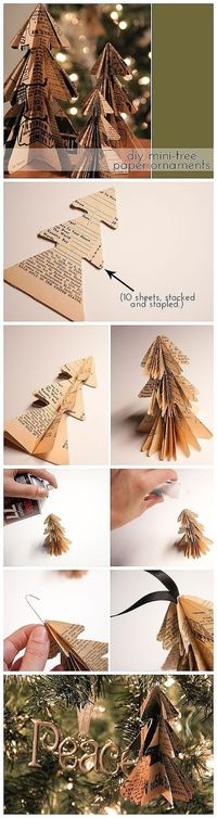 Possibly do in green scrapbook paper. for tree ornament that doesn't need spray paint. Diy Mini Book Page Tree ornament