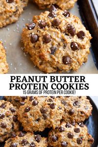 These Peanut Butter Protein Cookies include 15 grams of protein per cookie and are a magical combination of peanut butter, chocolate, and oatmeal. A lovely option for those looking to meet daily protein goals, these cookies are an excellent grab and go snack.