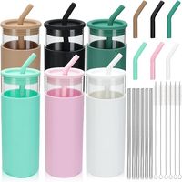 Acesvuit 6 Pack Glass Tumblers with Silicone Sleeves, Lid and Straw,16oz Drinking Glasses, Iced Coffee Cup,Smoothie Tumbler Cup,Reusable Glass Water Bottle,Gift Set.