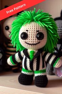 Crochet your own Amigurumi Beetlejuice Doll with this unique pattern, featuring the iconic striped suit and wild green hair of the mischievous character.