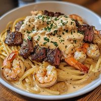 Cajun Shrimp and Steak Alfredo Pasta - Creamy and Spicy - Recipes By Clare