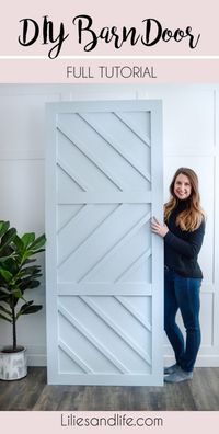 DIY Barn Door full, simple tutorial using plywood, maple wood pieces and liquid nails from Lowe's.  Blue painted barn door. #Slidingbarndoor #barndoor #moderndoor #DIYdoor