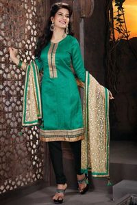 Green Handloom Silk Churidar Suit With Embroidered Dupatta - DMV14319