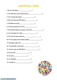 Question tags online worksheet for Elementary. You can do the exercises online or download the worksheet as pdf.