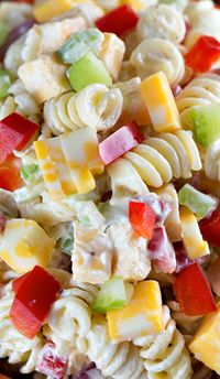 Creamy Cheddar Pasta Salad with a simple dressing ~ is a fantastic side dish for a summer BBQ! It’s versatile too – add in broccoli or any other veggies that you’d like!