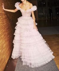 Princess A-Line Off the Shoulder Pink Tulle Prom Evening Dresses