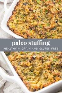 The best paleo stuffing recipe! Perfect for Thanksgiving or as a healthy gluten free and grain free side dish for roast chicken or turkey. Made with simple ingredients, you'll be shocked at how much it tastes like "real stuffing"... but better! With onion, celery, mushrooms, apple, and cranberries, this healthy stuffing recipe is a keeper. #thanksgiving #glutenfree #grainfree #dairyfree #healthy #paleo #sidedish #recipe #realfood #cleaneating