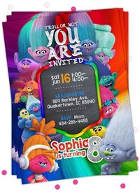 Surprise your guests and kids and make them excited with Trolls Invitation about the birthday party before it even begins!  #birthdayparty #birthdayideas #birthdayinvitations #invitations #birthdaycards #trolls