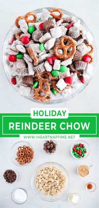 Learn to make the easiest and most addicting Christmas reindeer chow in just 15 minutes! This tasty and festive treat comes together with cereal, peanut butter, chocolate, powdered sugar, and sweet and salty add-ins!