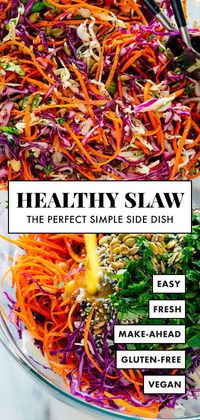 This healthy slaw recipe tastes amazing! It's made with a fresh and simple lemon dressing (no mayo or vinegar) and features toasted sunflower and pumpkin seeds. Gluten free and vegan. #coleslaw #healthycoleslaw #sidedish #vegan #cookieandkate