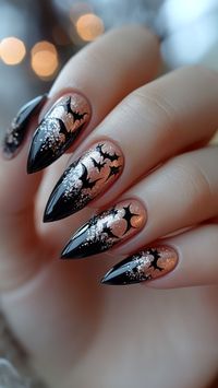 Fly into Halloween with these Bat Patterns nails, adding a dark and playful touch to your look! Perfect for a fang-tastic costume statement. Click the pin and follow us for more eerie nail inspirations!  #HalloweenNails #BatNails #SpookyNails #NailArtDesigns #Halloween2024