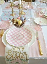 Michael's, Easter Table, Spring Table, Easter Tablescape, Spring Tablescape, Entertaining, Spring Entertaining, Easter Table Setting Easter Place Setting, Gingham plates, Pink table, Shabby chic table, Farmhouse table, Cottage style table, mesa, vintage table, dinnerware