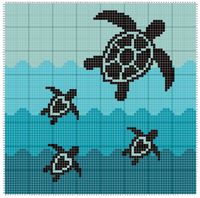 Custom designed, Baby sea turtles with mama silhouette C2C blanket pattern with teals in background. 80x80 squares.