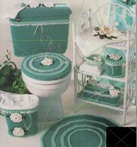 "An 80s crochet pattern set; 7 piece ebook to fancy up any bathroom in the house. This crochet pattern set comes with: - toilet tank cover set, standard size commode tank - tissue box cover, 4 3/4\" x 9 1/2\" x 3\" tall - toilet seat cover, standard round seat lid - curtain tiebacks, 18\" long - rug, 25\" across - tissue roll cover, 1 roll - trash can cover 10\" tall For all the cute retro bathroom sets in my shop, check out here: https://www.etsy.com/shop/PearlShoreCat?ref=seller-platform-mcnav