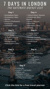 Here is a 7 day London itinerary for people looking to spend 7 days in London. Click the link for a free travel planner