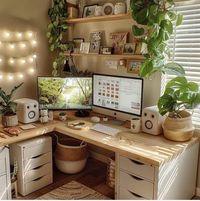 Imagine a workspace where nature meets modern design. This home office embraces a cozy, minimalist aesthetic with pops of greenery and natural wood accents. It's a space that's as inviting as it is functional, perfect for focusing on your work while feeling grounded in nature.