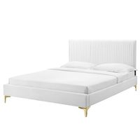 Reimagine master bedroom or guest bedroom decor with the Peyton Channel Tufted Performance Velvet Queen Bed. Rich in vintage modern elegance and glam deco style, the queen headboard of this platform bed features retro channel tufting, luxe velvet texture, and dense foam padding to offer a supportive place to rest while sitting up in bed. A queen size bed covered in stain-resistant performance velvet, this platform bed is a sturdy mattress foundation for memory foam, innerspring, latex, and hybri