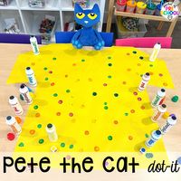 Pete the Cat dot-it to practice one to one correspondence and colors plus more back to school butcher paper activities for preschool, pre-k, and kindergarten students to practice literacy, math, and fine motor skills.