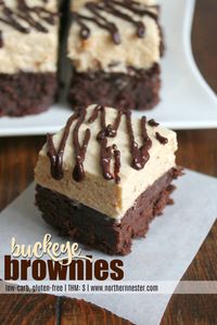 These Buckeye Brownies are the pinnacle of low-carb brownie recipes! The chewy, chocolaty base is worth eating all by itself, but the peanut butter cheesecake layer takes these brownies to an unprecedented level of awesomeness. A THM S. Keto-friendly snack or dessert.