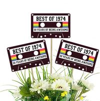 50th Birthday Party Centerpiece Picks - Best of 1974 Birthday, Vintage 50th Birthday, Cassette Tape, 70's Party Enhance your 50th birthday party with our 50th Birthday Party Centerpiece Picks. These picks embody the essence of 1974 , showcasing a vintage cassette tape design. Add a touch of nostalgia to your decorations and create a lively atmosphere. With their wooden skewers, these picks effortlessly stand tall in your centerpiece arrangement. Scatter them throughout your venue and watch as the party space comes alive. Perfect for 70s-themed parties or honoring the half-century milestone, these centerpiece picks are a must-have. Unleash your creativity by incorporating them into table centerpieces or cake displays. Get ready to groove with our unique picks! Select from: single sided - Sk