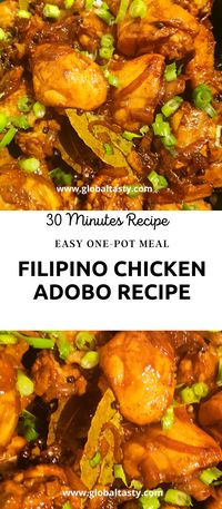 A delicious and simple chicken adobo recipe packed with so much flavour in under 30minutes. Filipino adobo is a popular Asian dish and cooking process in Philippine cuisine involving meat, seafood, or vegetables marinated in vinegar, soy sauce, garlic, bay leaves, black peppercorns browned in oil, and simmered in the marinade. This delicious tasty meal is often eaten at celebrations and served with a side of jasmine rice. My simple chicken adobo recipe is quick and easy to make using one pot.