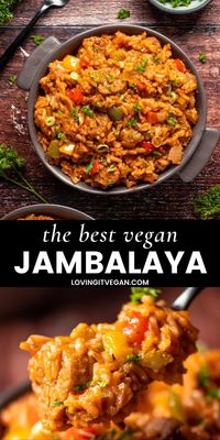 This vegan jambalaya is hands down the best ever! It’s super easy to make in 1-pot with vegan sausage, rice and veggies, and loaded with bold and zesty flavors.