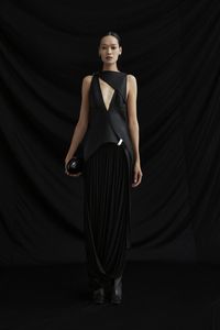 A deconstructed tank dress with plunging neckline and curved hemline. Crafted from metallic crepe and matte jersey. #lookbook #fashion #contemporary #aesthetic #photography #model