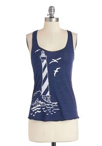 Guiding Lighthouse Tank Steering your style in the direction of this navy, nautical-themed tank top was a wise navigational choice! Composed of gently heathered, über-lightweight jersey knit with a breezy fit and racerback design, this sleeveless top’s screen print depicts a striped lighthouse surrounded by seagulls, and waves crashing on the coast below.