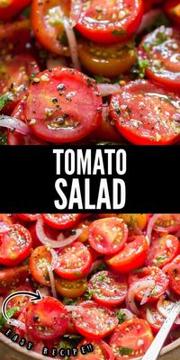 Fresh tomato salad is simply the best and easiest summer salad you’ll ever make! This salad is ideal to be served with anything from the grill! #recipes #summer #saladrecipes #tomatosalad #easy #quickmarinated #marinated #bestsalad #chilledsalad #grilling #sidedish #fresh #tomatoes