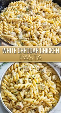 This White Cheddar Chicken Pasta is the perfect back to school dinner idea! It has a creamy White Cheddar Cheese Sauce with spiral pasta, juicy chicken, and the best blend of seasonings. Budget friendly and kids of all ages will love it!